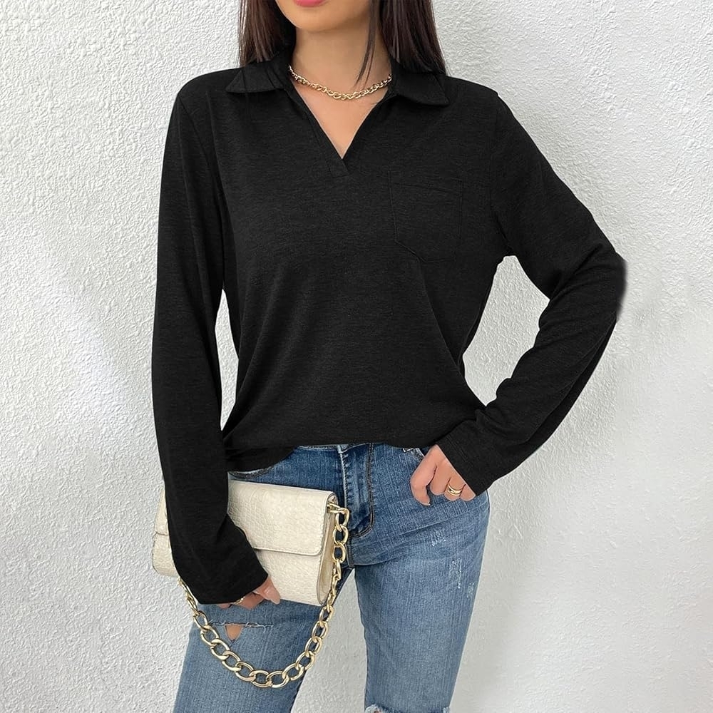 ⚘️Joie Black Collar V Neck Long Sleeve Women's Top